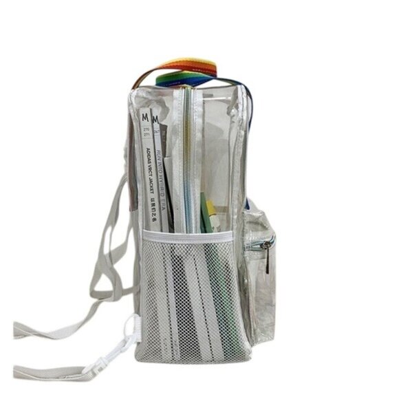 Clear PVC Backpack Rainbow Straps Adjustable & Zipper Pockets 9.5 "x12.6 "x 5.1" - Picture 7 of 9